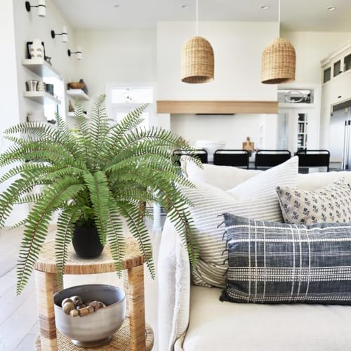 Hollyone Large Artificial Fern Potted Plant for Outdoors Indoors Lifelike Faux Boston Fern Artificial Plants in Black Pot for Garden Patio Home Farmhouse Windowsill Office Decoration - color: Green