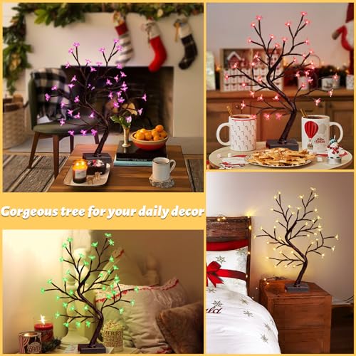 PEIDUO RGBW Cherry Blossom Tree, Light up Bonsai Tree 36 Color-Changing LED, Lit Spirit Tree Lamp with Controller for Christmas Indoor Home Bedroom Tabletop Decoration, USB/Battery Powered, 17.5 Inch - style: RGBW Cherry Blossom Tree