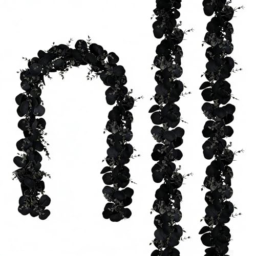 CQURE 3Pcs Eucalyptus Garland,Artificial Eucalyptus Leaves Table Greenery Garland Wreath Vines for Wedding Party Table Fireplace Bedroom Wall Room Decor - size: 17.7 Ft-Black