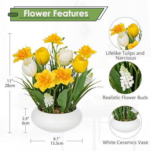 Hollyone Tulips Artificial Flowers with Daffodil Bulbs in Vase Fake Tulips Silk Flowers Arrangements with Ceramic Pot Daffodil Tulip Bulbs Floral Bouquet for Home Decor Table Centerpiece White Yellow - color: Large - Yellow