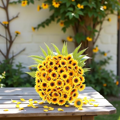Jowxsx 100 Pieces Mini Artificial Sunflower Heads, Yellow Fabric Flowers, Wedding Wreath Craft Decor, Artificial Plants and Flowers, Realistic Faux Flower, for Planter Porch Patio Yard Balcony