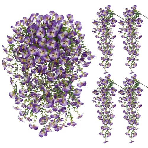 Purple Artificial Hanging Flowers for Outdoors, 4 PCS 29.5in UV Resistant Faux Outdoor Hanging Plants Pansy Flowers Fake Cascading Floral Vines for Porch Patio Balcony Pergola - color: Purple