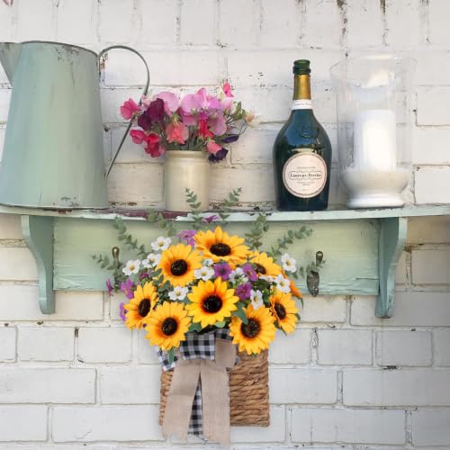 17.7" Front Door Basket with Sunflowers Basket Wreaths for Front Door | Sunflower Wreath with Daisy Fake Wildflowers for Spring Summer Porch Window Wall Garden Yard Farmhouse Home Decor - color: Yellow