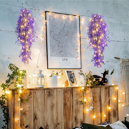 Mudder 3 Packs LED Artificial Hanging Plants, 3.6 ft Fake Hanging Plant, Ivy Vine Fake Leaves Greeny Chain Wall Home Room Garden Wedding Garland Outside Decor (Basket Not Included) (Purple Vine) - color: Purple Vine