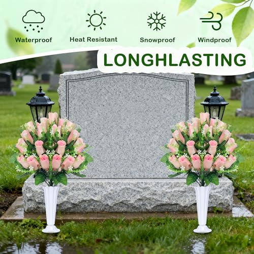 Artificial Cemetery Flowers for Grave,2Pack Memorial Roses Bouquets with Vase for Grave Tombstone Decorations(Pink) - color: Pink