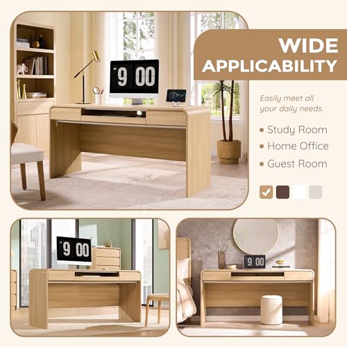 63" Modern Computer Desk with 2 Drawers, Wood Curved Executive Desk with Keyboard Tray & Power Outlet, Writing Desks with Storage for Home Office, Study Room, Living Room (Natural) - color: Natural