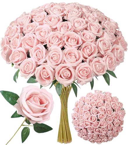 50 PCS Blush Roses Artificial Flowers, Real Looking Fake Roses with Long Stems Silk Flowers for DIY Wedding Bouquet Party Celebration Home Bridal Shower Decoration Valentine's Day Gift for Her Wife - color: Blush
