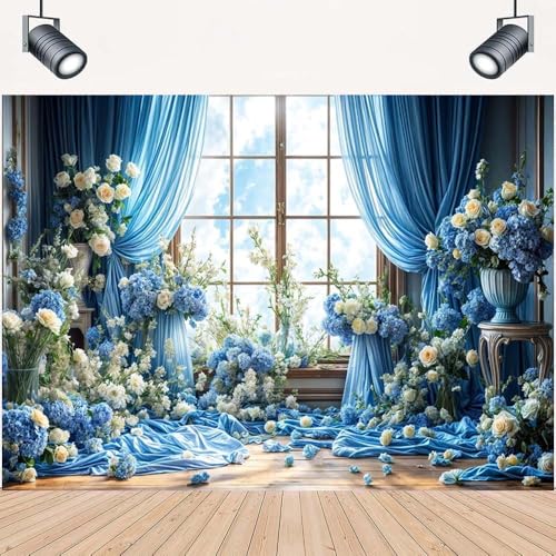 White Rose Floral Blossoms Backdrop Bridal Wedding Flowers Background Anniversary Ceremony Cake Smash Wedding Theme Party Decoration Valentine Kids Adults Woman Mom Photo Backdrop(Blue-2, 8x6feet) - color: Blue-2, size: 8x6feet