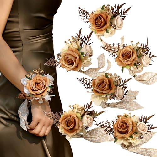 Walnut Brown Corsage for Wedding(Set of 6),Wrist Corsage,Corsage for Prom,Boho Wedding,Party Prom Hand Flower Decor,Mother of The Bride Corsage,Bridesmaid Wrist Corsage - color: Walnut Brown