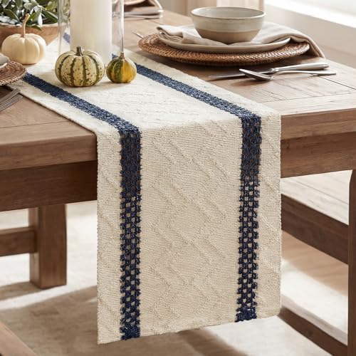Artoid Mode Dark Blue Stripe Woven Table Runner, Seasonal Holiday Hollow Kitchen Dining Table Decoration for Home Party Decor 12x60 Inch - color: Dark Blue, size: 12" x 60", Table Runner
