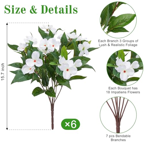 Artificial Flowers for Outdoors Decorations, 6 Bundles Realistic Impatiens Silk Faux Flowers UV Resistant Fake Plants for Outside Pot Patio Garden Porch Planters Window Box Balcony Indoor Home Decor - color: White