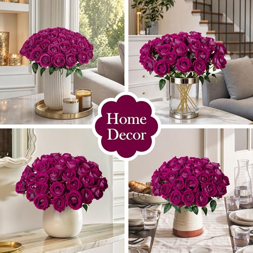 50 PCS Magenta Roses Artificial Flowers, Real Looking Fake Roses with Long Stems Silk Flowers for DIY Wedding Bouquet Party Celebration Home Bridal Baby Shower Decoration Birthday Gift for Her Wife - color: Magenta