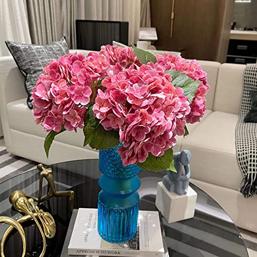 YalzoneMet 3 pcs Real Touch Hydrangea Artificial Flowers, 21" Dark Pink Large Long Stems Wedding Centerpiece Fake Flowers Heads Lifelike Thicks for Home Decor Party DIY Bridal Bouquet Table - color: Rose Red Magenta
