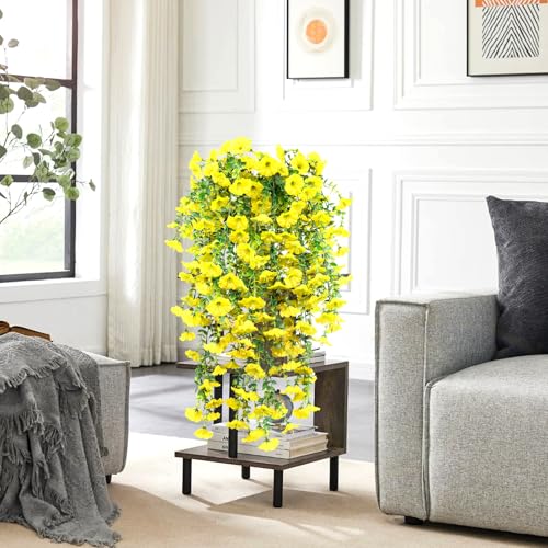 4 Pack Artificial Faux Hanging Flowers Plant for Outdoor, Fake Silk Morning Glory with Eucalyptus UV Resistant Realistic Trailing Vine for Wall Home Porch Patio Balcony Yard Indoor Decor, Yellow - color: Yellow