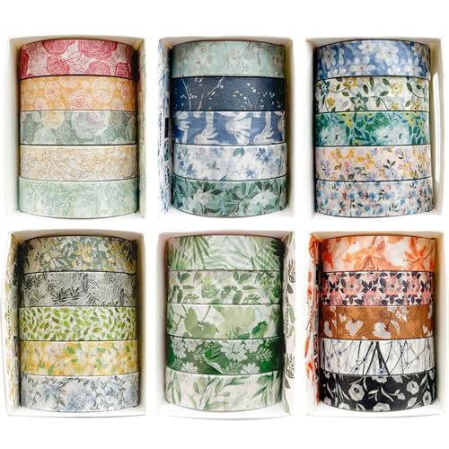 Flowers Washi Tape Set 30 Rolls Floral Patterns Decorative Skinny Slim Masking Tapes for Arts, DIY Crafts, Journals, Planners, Scrapbook, Wrapping (Greens Thrive) - color: Greens Thrive