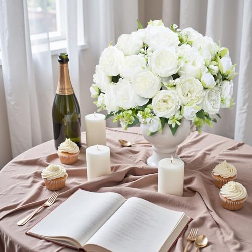 16 Pack White Peonies Artificial Flowers, Fake Silk Hydrangea Bouquet for Bridal Wedding Home Table Decor Reusable Dining Opening Ceremony Birthday Arrangement Faux Floral - color: White