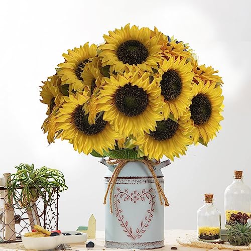 12PCS Sunflowers Artificial Flowers Silk Flower with Plastic Soft Rod Stems Yellow Sunflower Bridal Wedding Bouquet Decorations for Home Wedding Party Birthday Bulk Dark Center Single