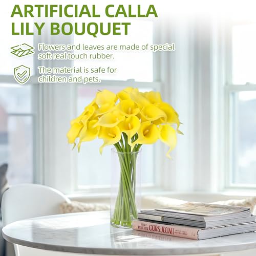 GarveeTech Real Touch Calla Lily Artificial Flowers, 24 Pcs with Glass Vase & Faux Water, 15" Long Stem for Wedding Centerpiece, Bridal Bouquet, Home and Party Decor (Yellow) - color: Yellow, size: Calla Lily（24 Pcs）