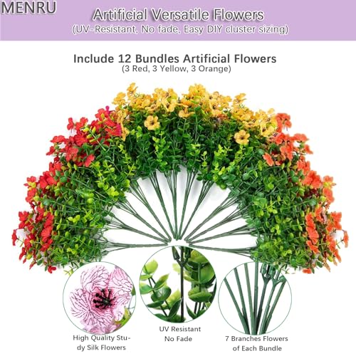 12 Bundles Artificial Flowers for Outdoor UV Resistant and Realistic, Faux Daisy Fake Flowers with Eucalyptus Leaves for Porch, Patio, Planter, Window Box, Home, Garden Decor - color: Yellow Orange Red