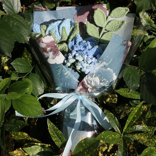 Blue Rose Crochet Flowers Bouquet Handmade Knitted Artificial Flowers Home Decor - color: Flowers003