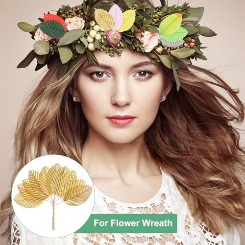 M METERXITY 100-Pack Artificial Silk Leaf, Faux Wire Single Leaves, Fake Flower Leaf with Stem for DIY Bouquet/Wreaths/Wedding/Garland/Party Decorations, Fake Rose Craft Leaves [Gold] - color: Gold