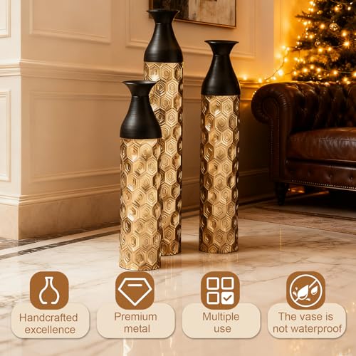 Floor Vases, Tall Home Decor Metal Vase Set of 3 Large Glazed Decorative Vases for Wedding Decor, Elegant Modern Flower Holder for Living Room, Entryway, Hallway - color: Hexagon Black Gold