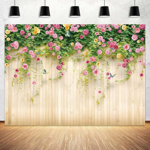 3D Floral Photography Backdrop with Rosemary Flowers & Butterflies - Rustic Wooden and Pink Rose Fabric Design for Indoor/Outdoor Parties, Garden Events, Photo Shoots Background - color: pink, size: 7X5