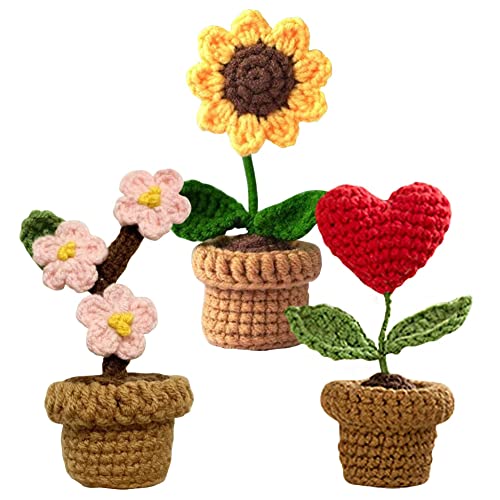JOONOR 3PCS Mini Crochet Sunflower Potted Plant,Knitted Fake Plum Blossom for Bathroom Home Kitchen Rustic Table Centerpiece Shelf Decor - color: Color#1