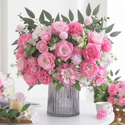 10 Pcs Mixed Artificial Flowers Set, Artificial Peony Bouquet Fake Rose Flower Silk Floral Arrangements for Table Centerpiece Home Wedding Party Bridal Vase Decoration(Pink, 6 Bouquets & 4 Stems) - color: Light Pink, size: Mixed 10pcs