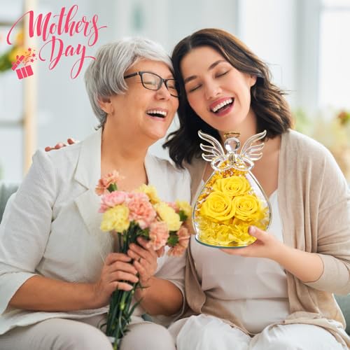 Beferr Gifts for Mom Birthday Gifts for Women, Fresh Flowers for Delivery Forever Preserved Rose in Glass Angel Figurine, Anniversary Christian Real Rose for Grandma Wife Mother from Daughter Son - color: F Yellow