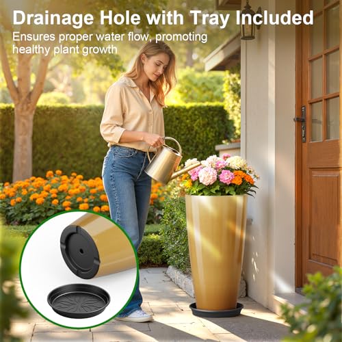 QCQHDU 21 inch Tall Planters for Outdoor & Indoor Plants, 2 Pack Sturdy Plant-Flower-Tree Pots for Front Porch Patio Deck Living Room Decor, Golden - color: Golden, size: 21 inch