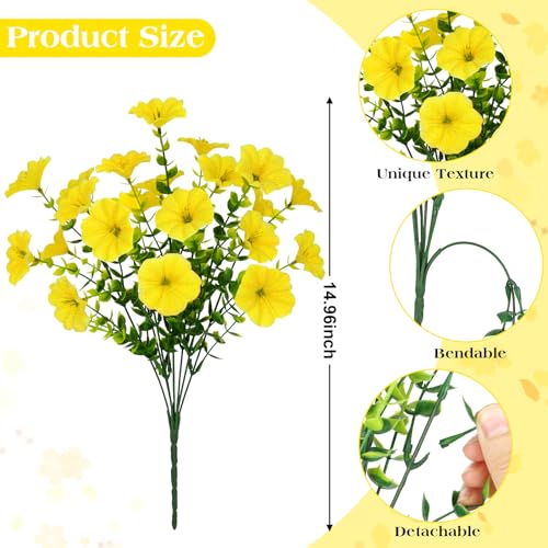 Roberly 12 Bundles Artificial Flowers for Outdoors, Fake Flowers Silk Morning Glory with Eucalyptus UV Resistant Faux Plants for Spring Summer Garden Outside Porch Patio Yard Home Decor, Yellow - color: Yellow