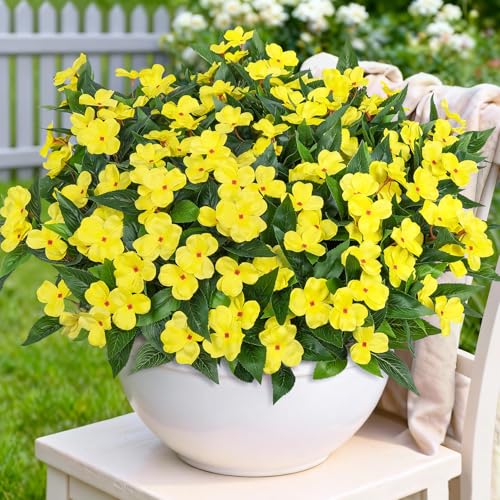 Artificial Flowers for Outdoors Decorations, 6 Bundles Realistic Impatiens Silk Faux Flowers UV Resistant Fake Plants for Outside Pot Patio Garden Porch Planters Window Box Balcony Indoor Home Decor - color: Yellow