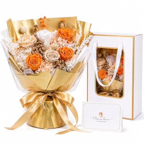 Preserved Real Flowers Bouquet, Preserved Eternal Roses Ready to Gift for Mother’s Day Birthday Gift for Mom Grandma Nana Wife Graduation Flowers for Her Class of 2026 (Sunset Champagne) - color: Sunset Champagne