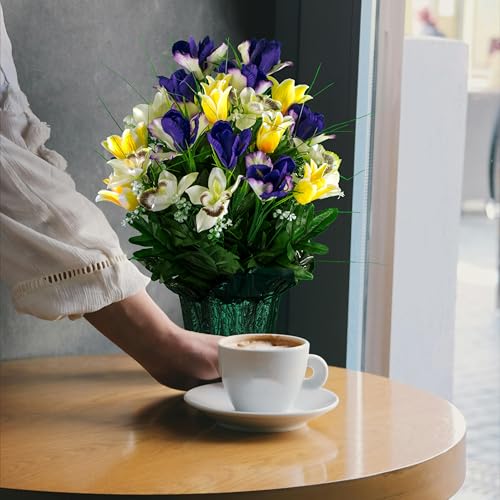Sympathy Silks Artificial Cemetery Flowers - Grave Decoration - Yellow Tulips and Purple Iris (1) Potted Arrangement - color: Yellow/Purple, size: (1) Pot