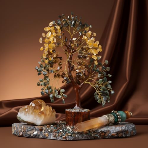 ANAYA AGATE Money Wealth Crystal Tree Set with Tree of Life Citrine, Pyrite, Tiger Eye & Green Aventurine, Chakra Healing Gemstone Trees for Prosperity, Success, Good Luck & Positive Energy - color: Money Wealth Golden Wire