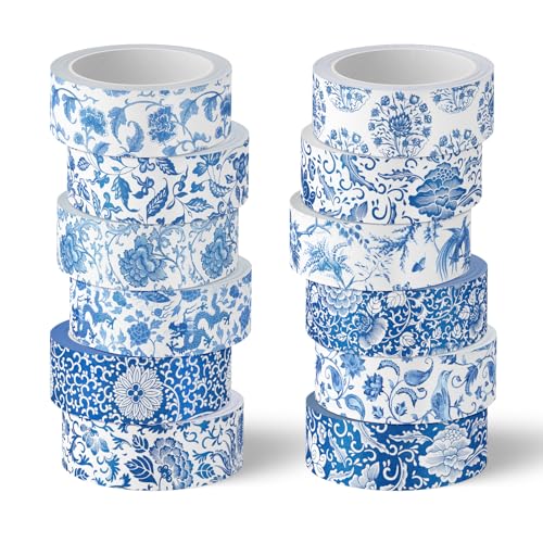 Whaline 12 Rolls Blue Toile Floral Washi Tape Chinoiserie Flower Decorative Paper Masking Tape for Gift Wrapping DIY Craft Journal Scrapbook Envelope Party Decor - color: Blue