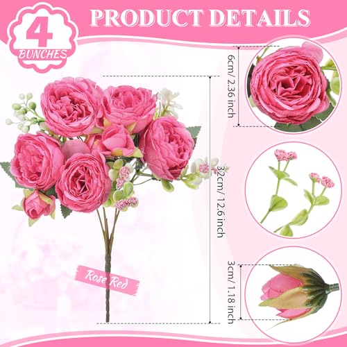 Crowye 4 Bundles Peonies Artificial Flowers Silk Faux Peonies Wedding Artificial Flower Bouquet for Table Centerpiece for Home Wedding Decor Bridal Floral Arrangement(Hot Pink) - color: Hot Pink