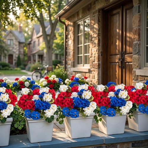 lovemoon 16 Pcs Artificial Geraniums Realistic Silk Patriotic Flowers, Red White Blue Faux Geranium Flowers for Outdoor Home 4th of July Office Decoration(16, Red White Blue) - color: Red, White, Blue