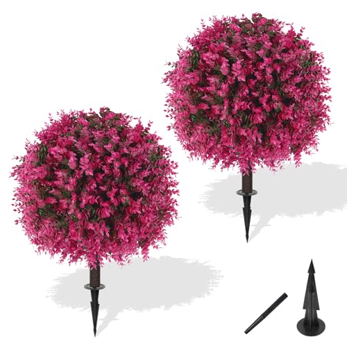 Yangrass Artificial Pink Eucalyptus Topiary Ball Trees with Ground Spike, Set of 2 UV Resistant Artificial Shrubs, Fake Evergreen Artificial Plant Bushes for Indoor Outdoor Front Porch Garden - color: Pink Eucalyptus