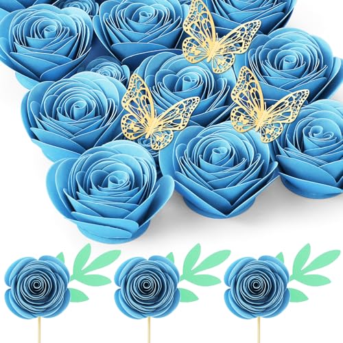 Mverse Blue Roses Artificial Flowers, Mini Paper Flower Crafts DIY Gift Decorations for Custom Shadow Box Frame, Graduation Cap, Cake Topper (18 Pieces, Blue) - color: 17- Blue