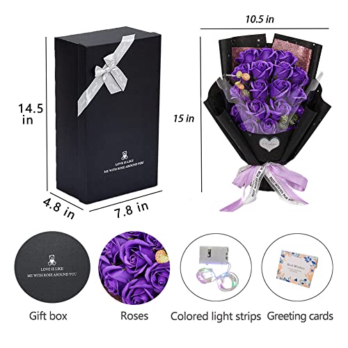 EIGHTOWN Roses Bouquet Artificial Flower - Preserved Purple Rose Flowers with Love Necklace for Her - Unique Gifts Valentine's Day, Mother's Day, Thanksgiving, Birthday, Anniversary - color: Romantic Purple