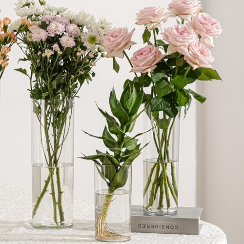 Flower Vase Acrylic Cylinder,Set of 3 Pcs, Clear Vase for Centerpieces,Wedding Decorative,Home Décor, Non Breakable Plastic, 7.86"+9.84"+11.8" Tall Round - Clear - size: Set of 3 - 3.94"x7.86", 3.94"x9.84", 3.94"x11.8"