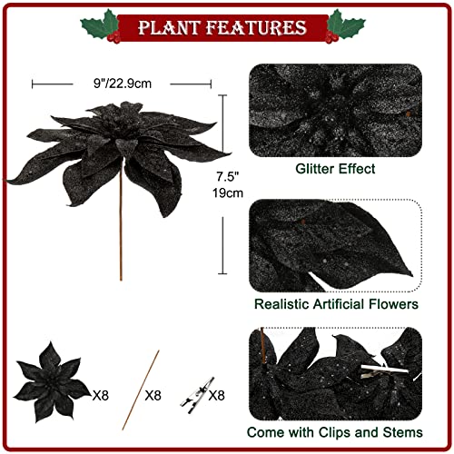 Briful 9'' Poinsettia Christmas Flowers 8PCS Black Glitter Floral Picks Large Xmas Ornament Flowers for Home Xmas Tree Wreath Garland Indoor Outdoor Decoration - color: Black