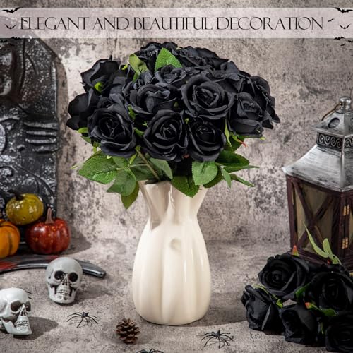 Hotop 80 Pcs Rose Artificial Flowers Bulk with Long Stem, Silk Roses Realistic Fake Flowers Bouquet for Wedding Table Centerpieces Bridal Shower Party Home Decorations(Black) - color: Black