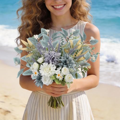 Fake Flowers with Vase, Silk Dusty Blue Rose Hydrangea Lavender Artificial Cemetery Flowers in Vase Faux Dahlia Flowers Arrangement for Table Centerpiece Summer Spring Gravesites Grave Home Decor - color: Dusty Blue White