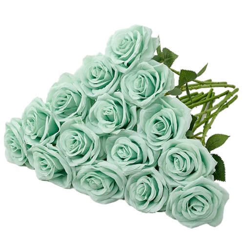 15pcs Fake Roses Artificial Silk Flowers Faux Rose Flower Long Stems Bouquet for Arrangement Wedding Centerpiece Party Home Kitchen Decor - color: 15pcs Sage Green