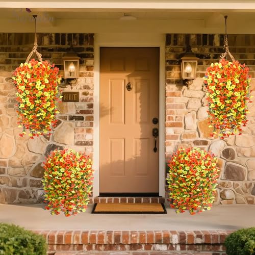 Serwalin Artificial Hanging Flowers for Outdoors Decoration, 4PCS UV Resistant Silk Artificial Fake Plants Outdoor for Porch Patio Balcony Indoor Planter Yard Decor (Orange&Yellow,4PCS) - color: Orange&yellow