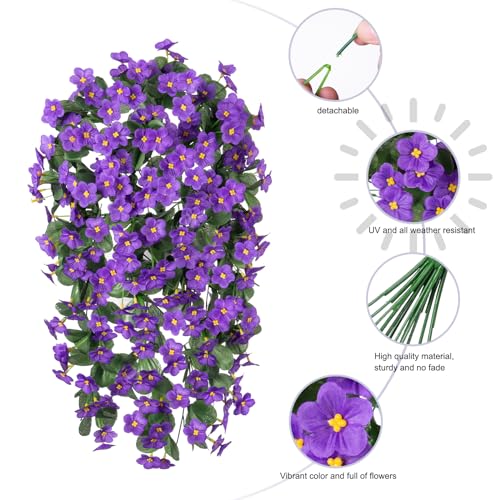 HyeFlora Artificial Faux Hanging Flowers for Outdoor Outside Spring Decoration, 2PCS Fake Silk Purple Daisy Plants UV Resistant Look Real Orchid Mums Vine for Front Door Porch Planter Balcony - color: Purple 2