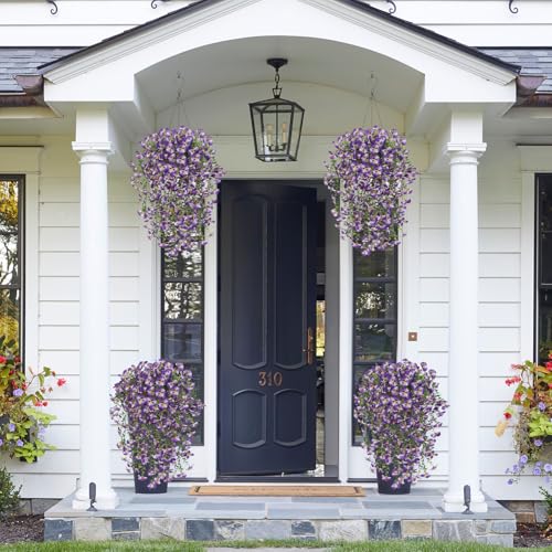 Purple Artificial Hanging Flowers for Outdoors, 4 PCS 29.5in UV Resistant Faux Outdoor Hanging Plants Pansy Flowers Fake Cascading Floral Vines for Porch Patio Balcony Pergola - color: Purple